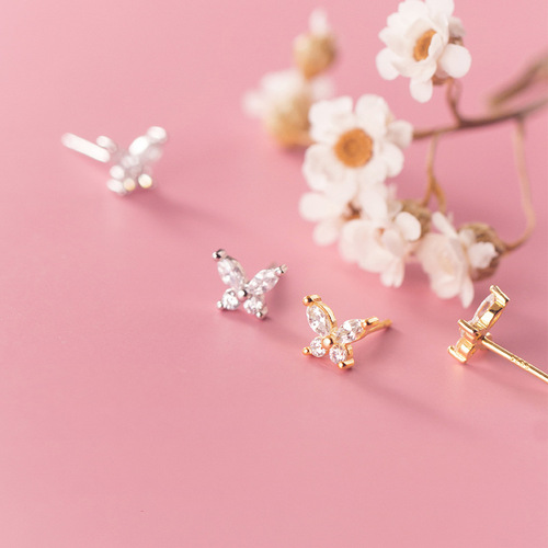 s925银针可爱森系小蝴蝶耳钉韩版学生气质淑女镶钻养耳洞耳饰女