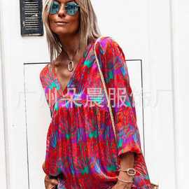 2023欧美秋季新款ebay亚马逊印花长袖V领纽扣女衬衫