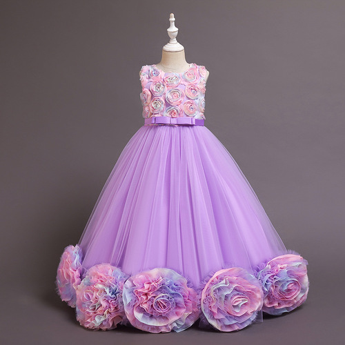 Cross-border exclusive new children's dress princess skirt mesh flower ballgown sleeveless long performance dress