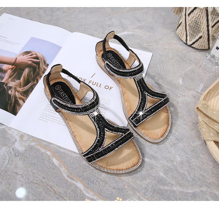 2025 New cross-border sandals Bohemian-style women's shoes summer hollowed-out flat diamond sandals Womanshoes undefined