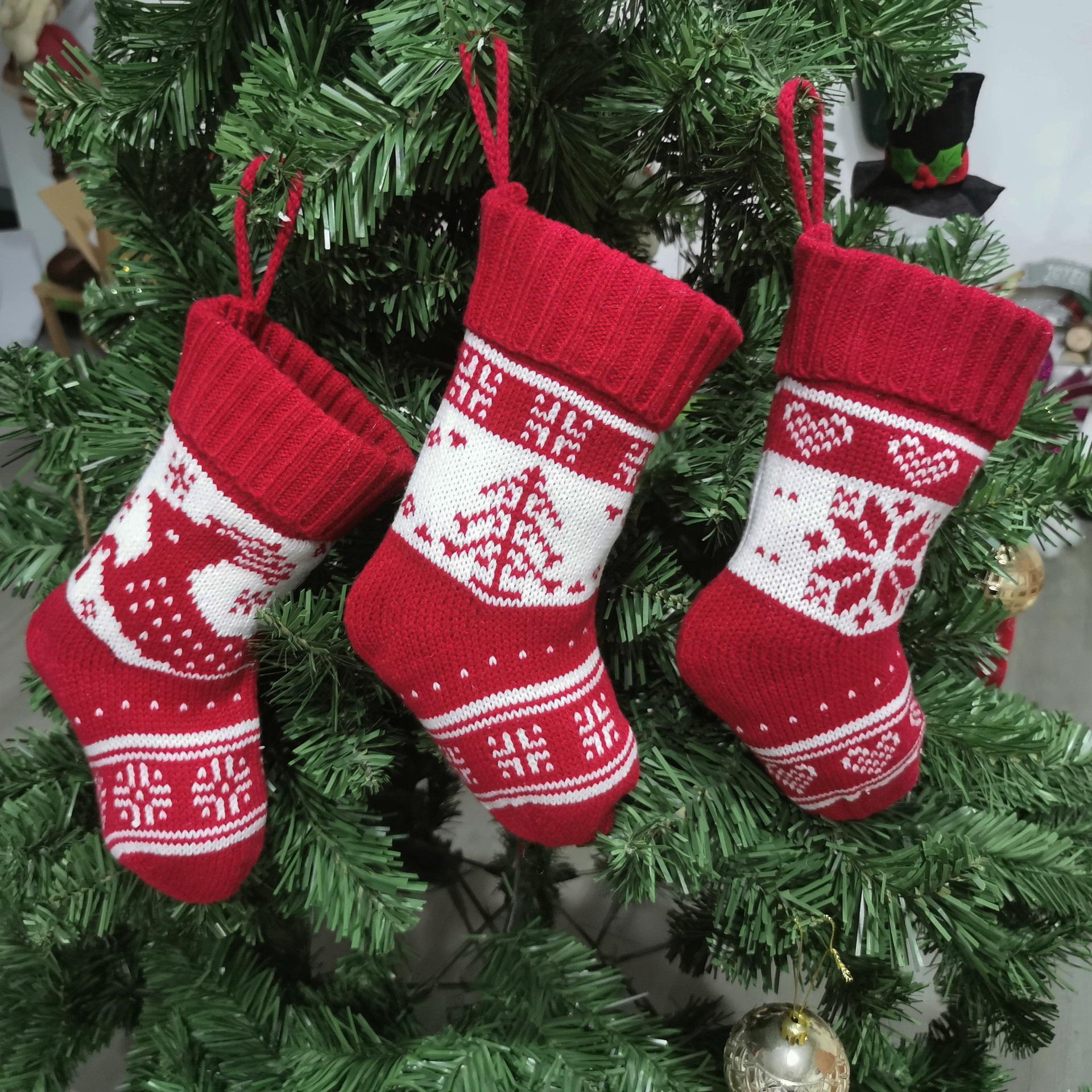 Christmas tree snowflake deer pattern knitted christmas socks gift bag