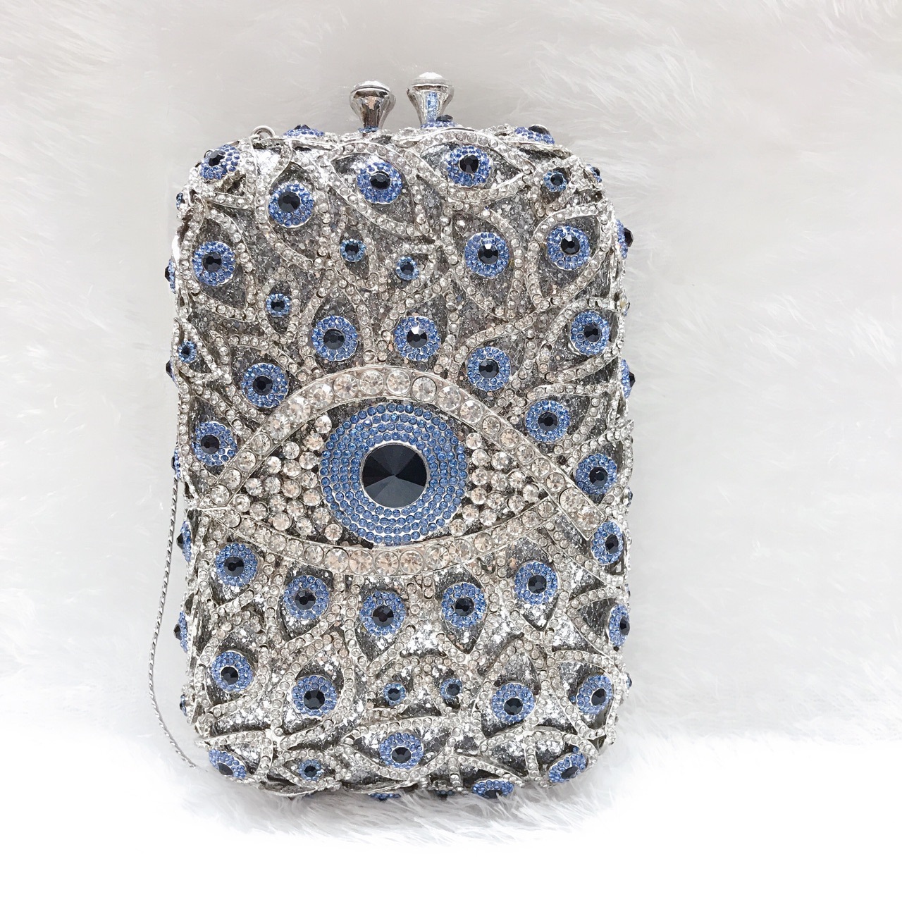 Túi clutch dạ hội đính đá pha lê kim loại rỗng kiểu dọc — Màu xanh lam, Vàng/Xanh đậm AB mắt, Màu bạc, Vàng/Con công xanh AB mắt chi tiết 26