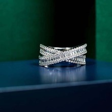 S925纯银镀金材质满钻交叉戒指女 欧美时尚百搭密镶精致层叠指环