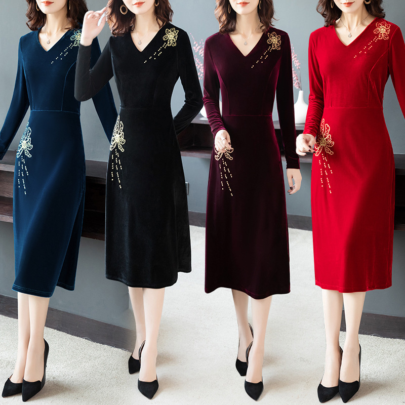 秋冬季新款金丝绒连衣裙韩版性感V领中长款女装气质修身显瘦裙子