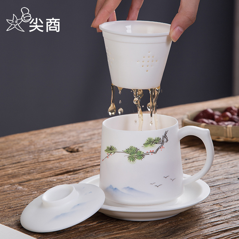 高档轻奢德化白瓷茶杯过滤水杯创意插画手绘办公杯子礼品定制logo|ru