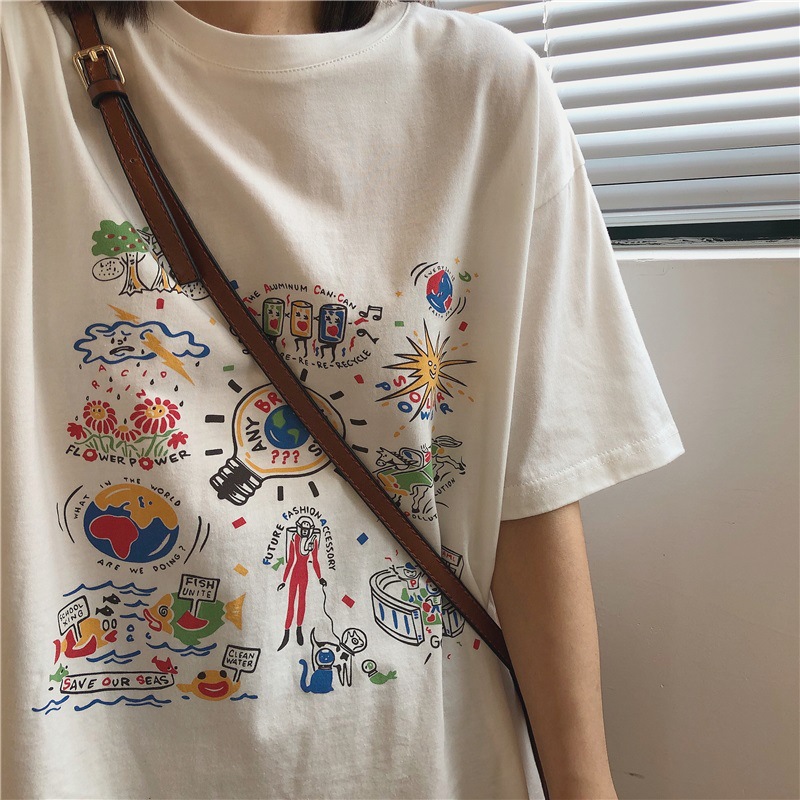 Korean cartoon 2021 summer new T-shirt female short-sleeved white slim slim shirt INS women's clothing