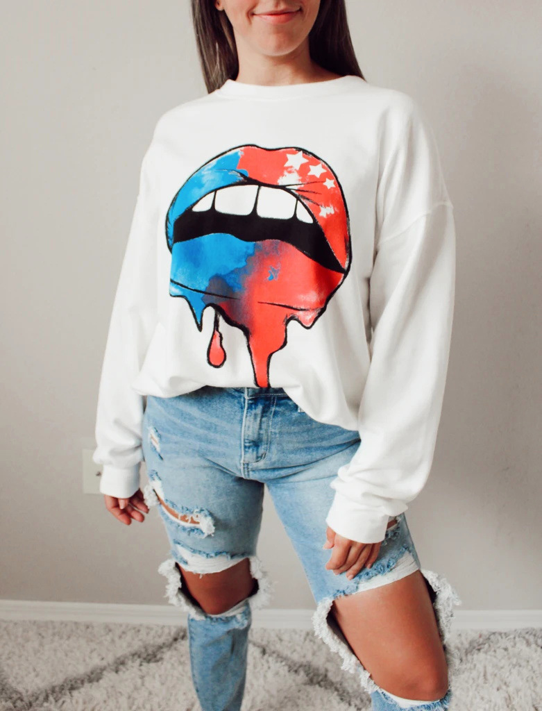 Round Neck Lips Print Long Sleeve Loose Sweatshirt - Hoodies & Sweatshirts - Uniqistic.com