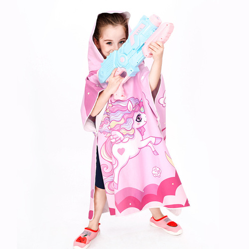 Microfiber cartoon print beach swimming changing bath towel children's hooded sunscreen quick-drying cloak bathrobe cloak