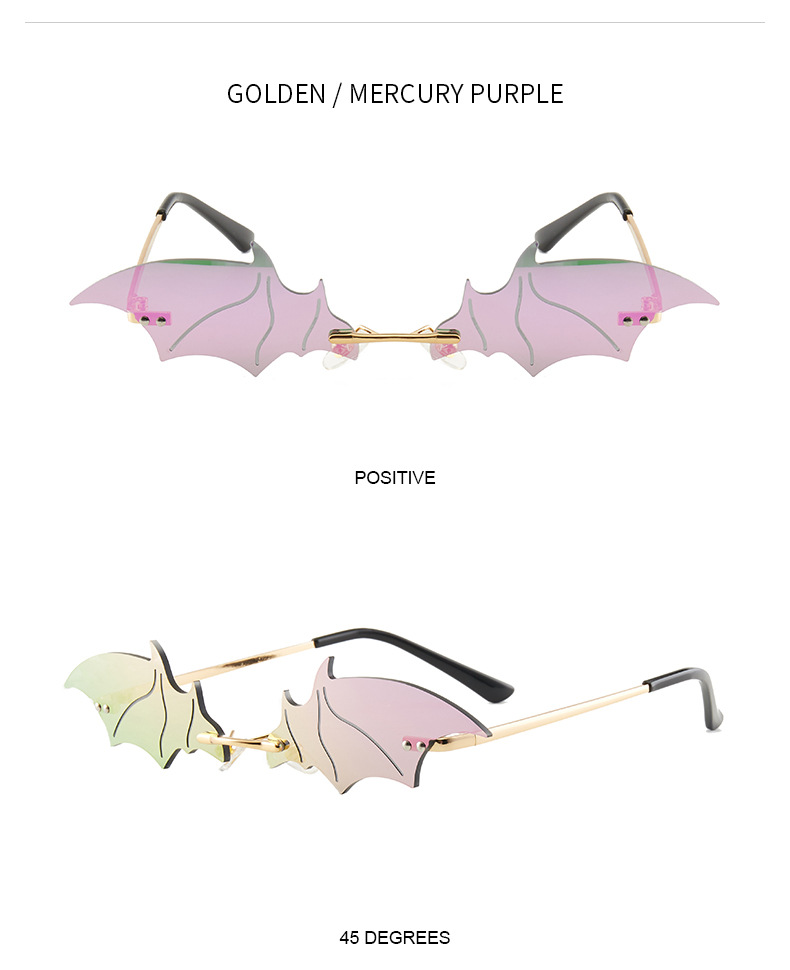 70g Weight Frameless Glasses Structure Sunglasses Classification PC, UV400 Protection Lens Material Special-Shaped Mirror Glasses Style Outdoor, Stage Occasion Halloween Festival Bat Pattern Unisex Gender Streetwear Style Gold Color Streetwear Bat PC UV400 Protection Special-Shaped Mirror Frameless Women's Sunglasses 11