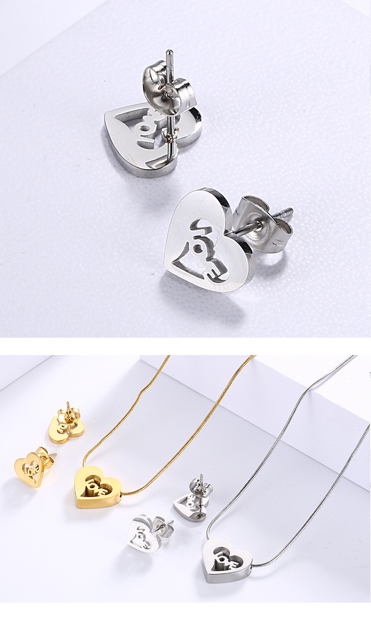 Korean version new stainless steel simple heart-shaped love necklace earrings two-piece set
