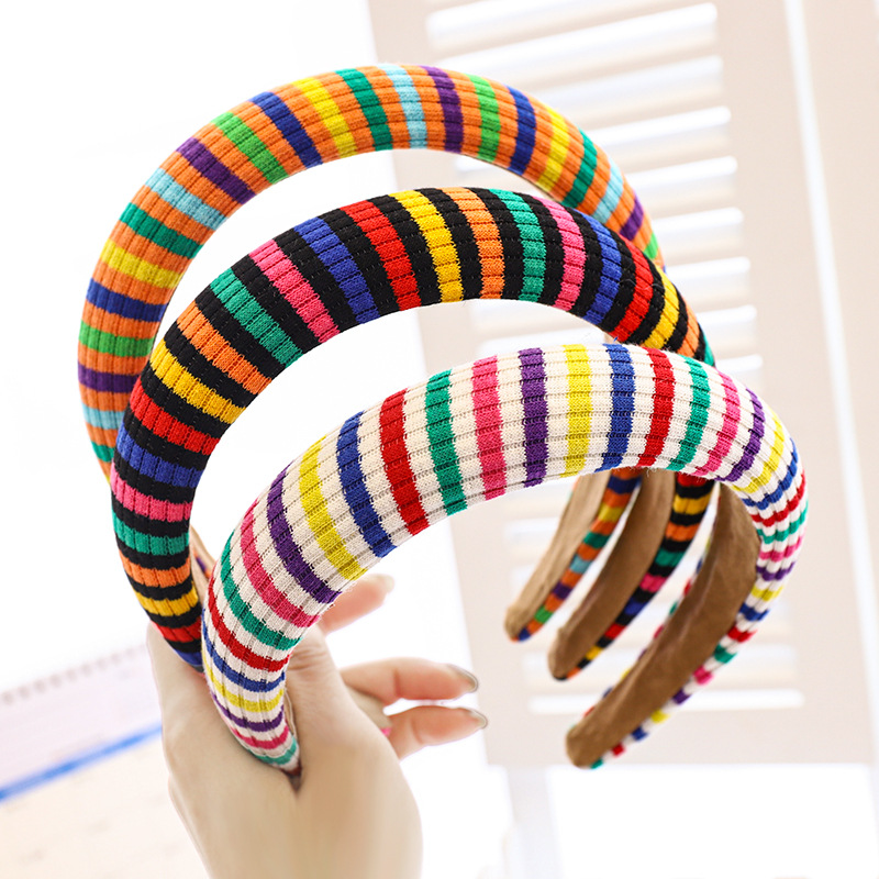 Korean Striped Rainbow-colored Wool Knitted Sponge Headband display picture 13