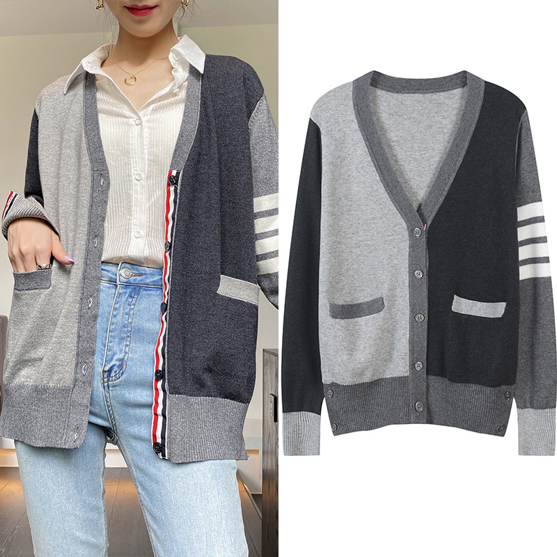 2020 Spring and Autumn New Single-breasted Knitted Cardigan Grey White Black Contrast Top V-Neck Long-sleeved Casual Outer Jacket