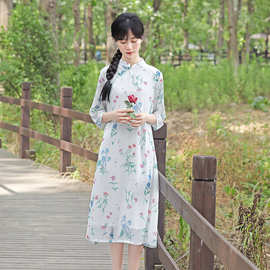 2020新款夏季雪纺印花中长款连衣裙改良旗袍禅意中国风茶服女文艺