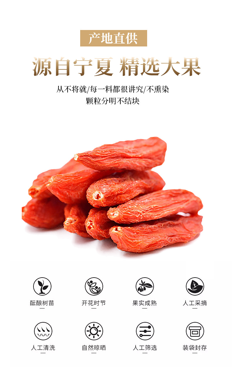 Premium Ningxia Zhongning Goji Berries Grade A Large Dried Fruit 250g Bag Ready to Eat quality and texture