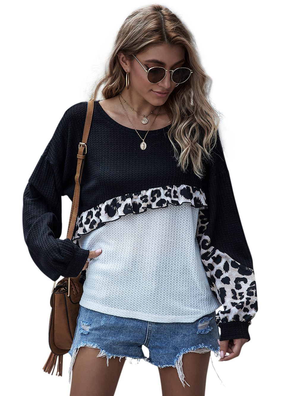  solid color stitching leopard print sweater long-sleeved top  NSDF2601