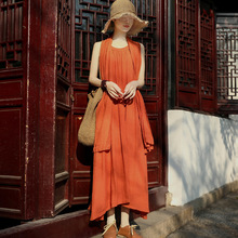 热卖 原创棉麻复古女装 夏季2021夏新品无袖长款带围巾连衣裙女