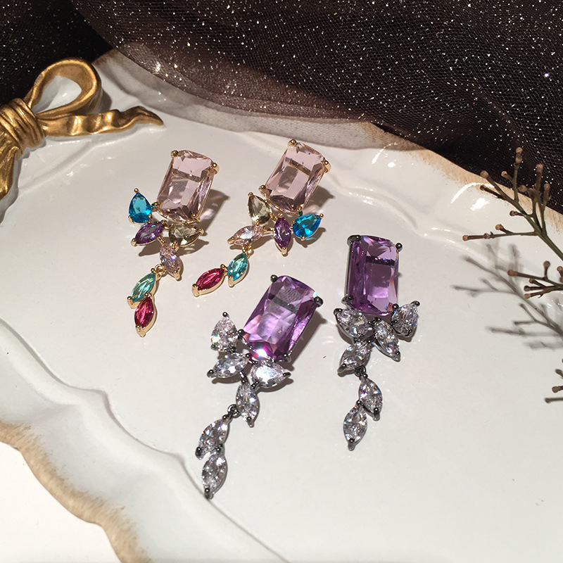 Purple Square Elegant Transparent Leaf Earrings display picture 3