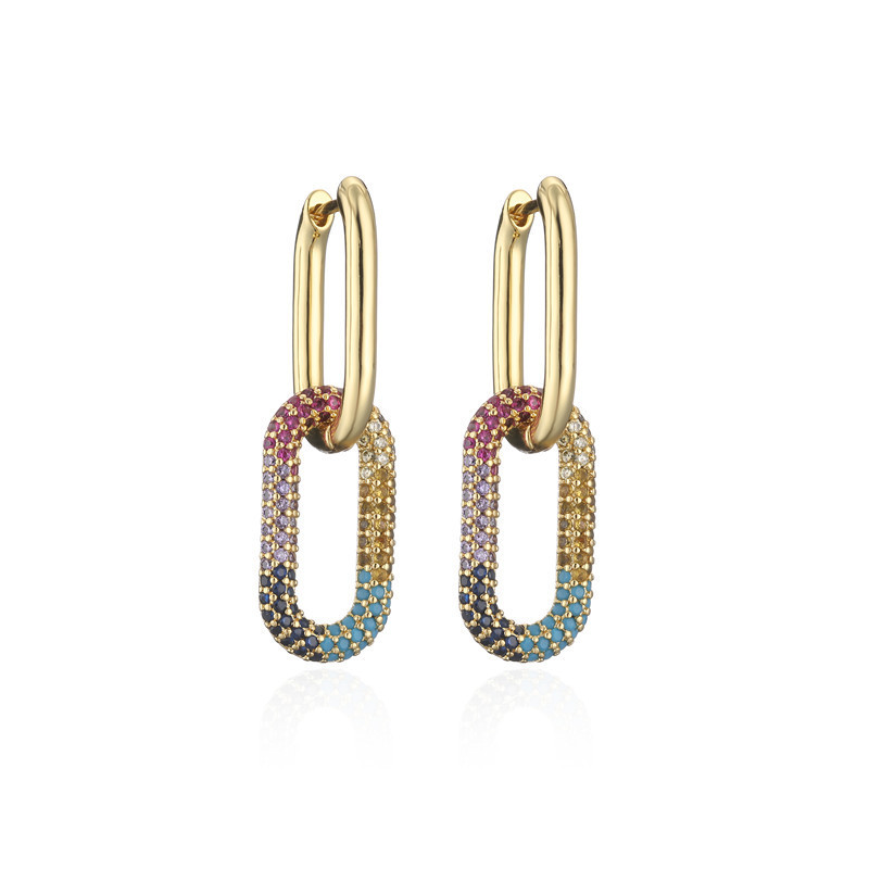 5g Weight Zircon Inlay Material Earrings Classification Wedding, Travel, Birthday, Festival Occasion Copper Material Geometric Pattern Women'S Gender Fashion Style Fashion Double Ring Buckle Pure Copper Micro-inlaid Color Zircon Earrings 9