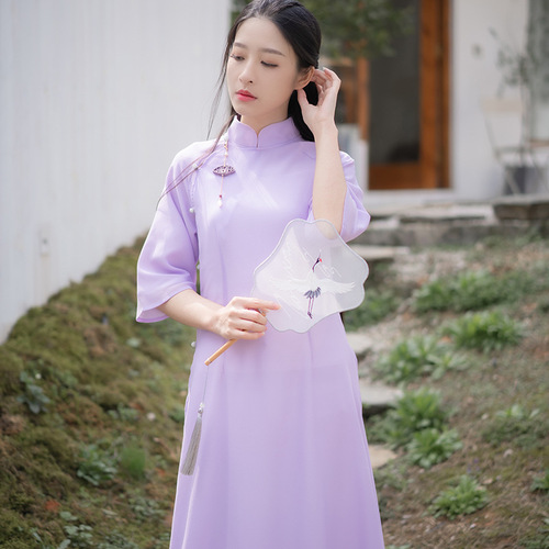 Zen tea dresses chinese qipao dresses women's super fairy slimming improved cheongsam stand-up collar chiffon Chinese style dress