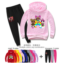 跨境电商童装套装卡通娃娃女孩子休闲帽衫卫衣长裤两件套T047