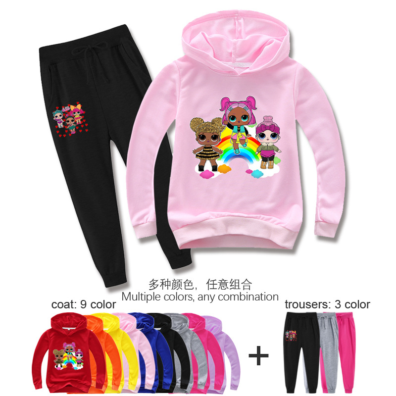 跨境电商童装套装卡通娃娃女孩子休闲帽衫卫衣长裤两件套T047