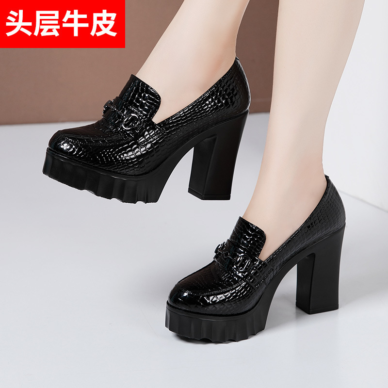 Genuine Leather Crocodile Pattern High Heel Thick-soled Deep Mouth Single-layer Shoes Women's 2020 Autumn New Large Size All-match Small Leather Shoes