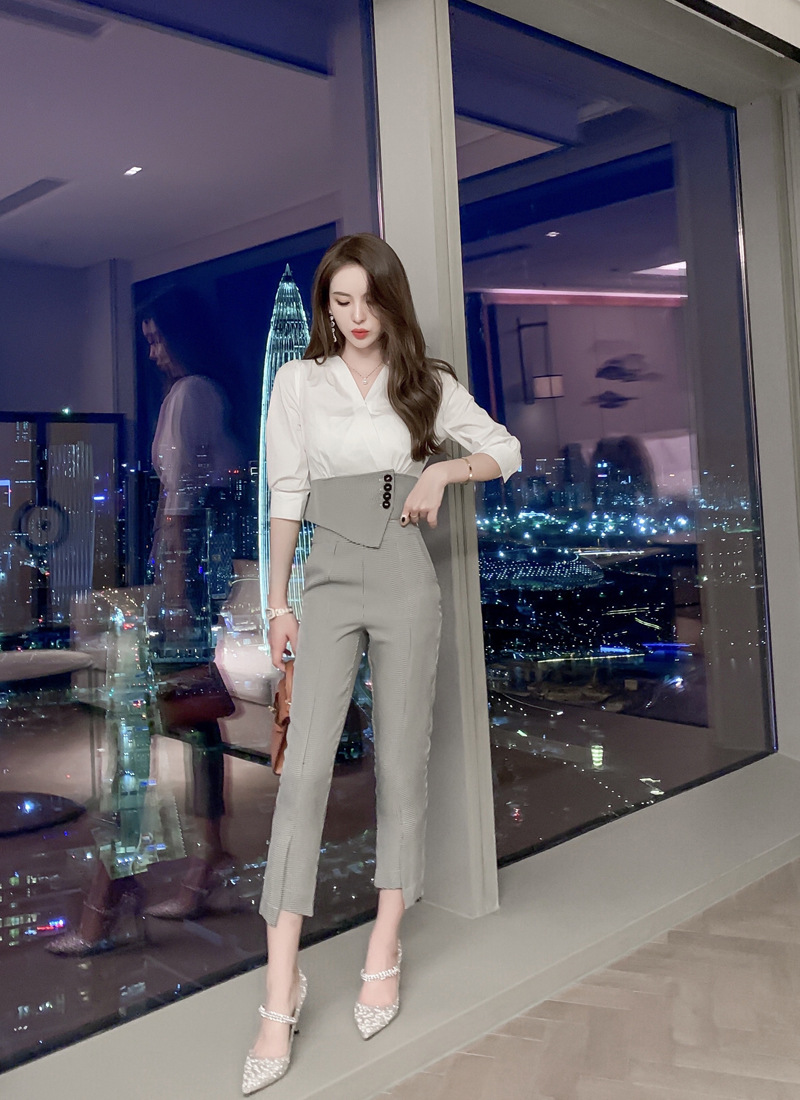 Bộ đồ houndstooth mùa hè nữ áo sơ mi phối quần ống nhỏ hai mảnh — Ca rô Houndstooth chi tiết 3