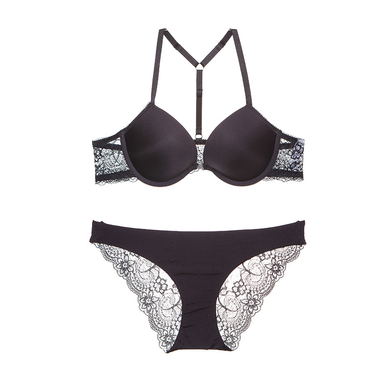 Y-shaped front buckle gathered set, sexy lace seamless lingerie bra, women's bra set_voghion.com