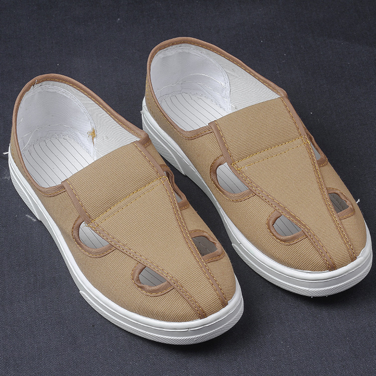 防静电鞋防静电四眼鞋防尘静电鞋优质SPU低帮土黄帆布四孔无尘鞋