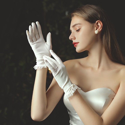 New bridal wedding dress gloves short tulle pearl white gloves