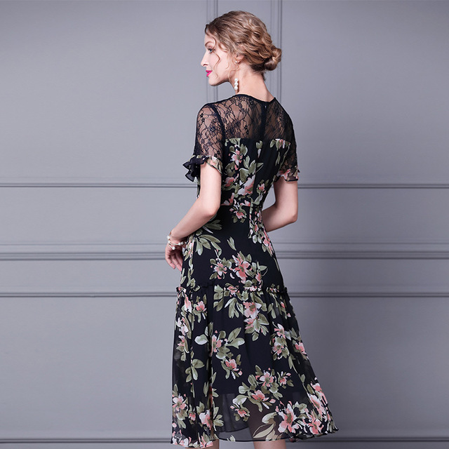 Floral dress mid length summer dress with lace stitching waist closing and thin print A-line skirt