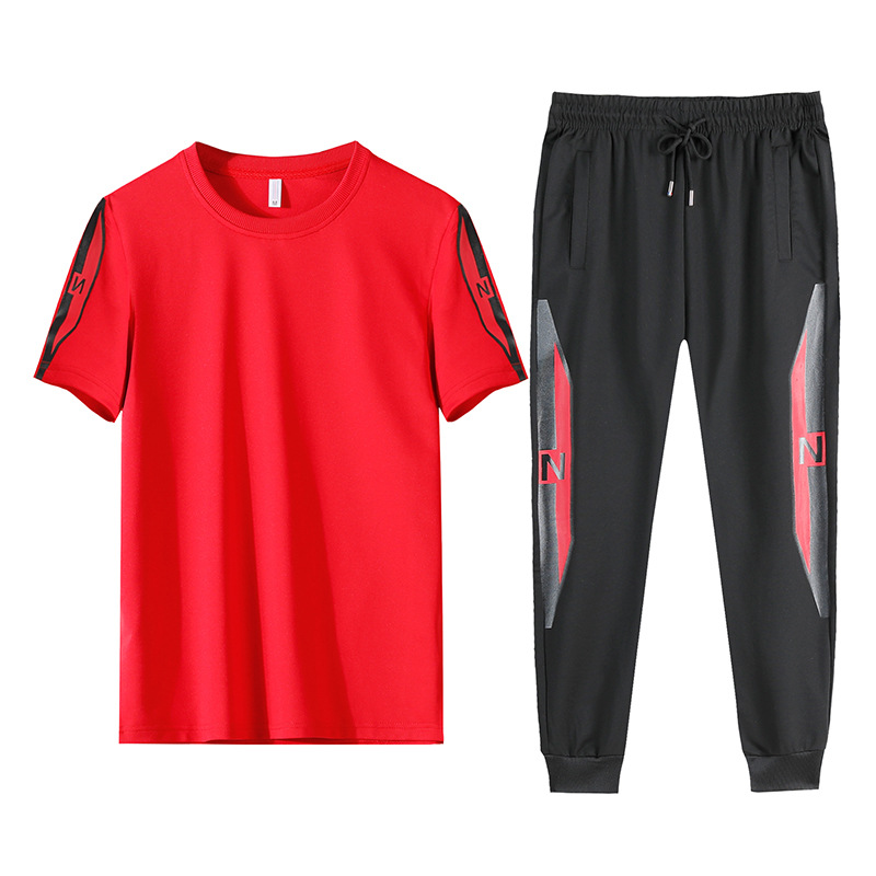 男士休闲夏季韩版短袖圆领T恤休闲长裤运动套装可一件代发|ms
