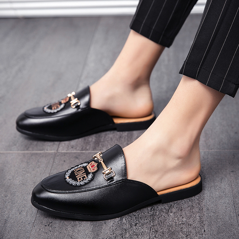 2021 Spring/Summer New Loafers Shiny Leather Half Slippers Trendy Breathable Casual Men's Shoes Fashion Embroidery_vogvips.com