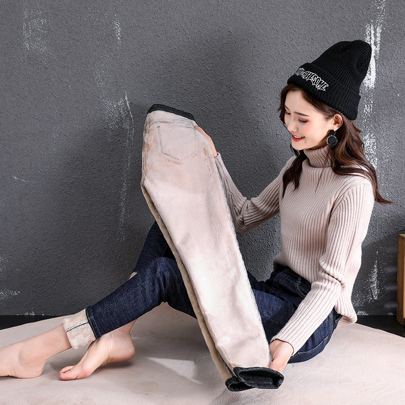 Winter New Fleece-lined Jeans Women's High Waist Slim-fit All-match Slim-fit Tight Thickened Outer Wear Black Leg Trousers