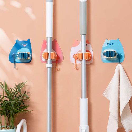 Mop hook with hole-free storage bathroom mop broom hanger wall strong sticky hook storage hanging clip