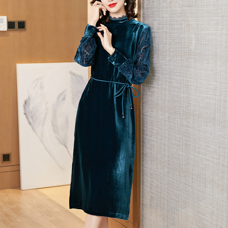 2021春夏季优雅气质女装长袖立领A字裙真丝丝绒连衣裙产地货源