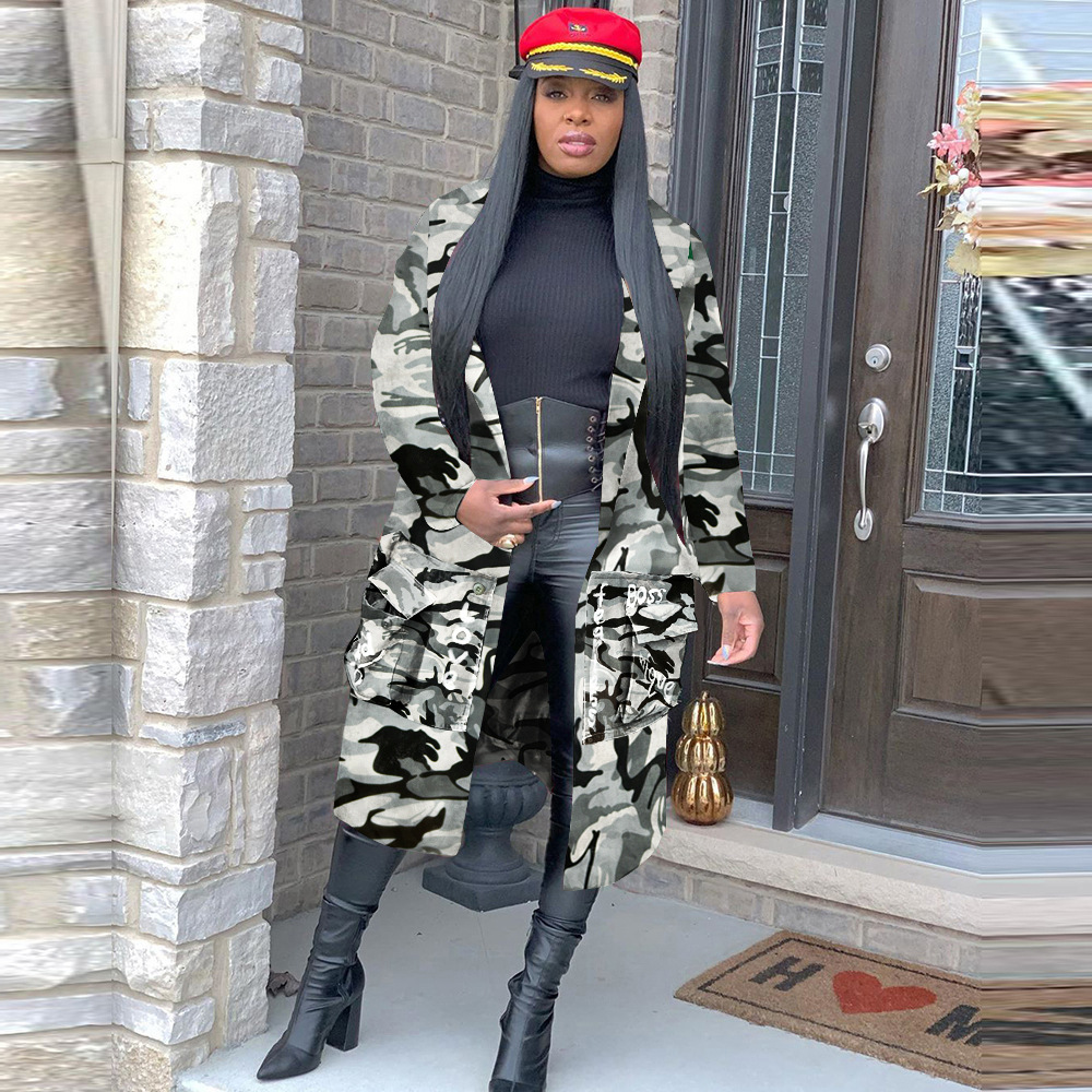Women Clothing Long Casual Fashion Style Camouflage Printed Patch Coat for Women Plus Size in Trench Coats