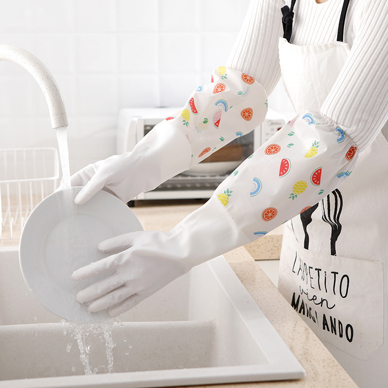 加絨束口清潔手套 卡通水果塑膠廚房洗碗手套冬季保暖家務手套