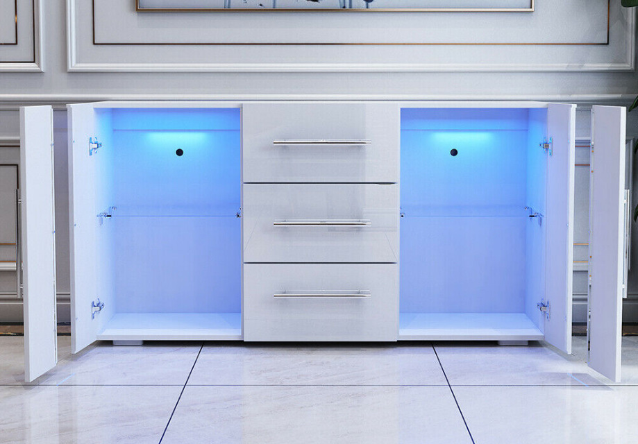 Moda 3-puerta 2-puerta blanco con luz LED de almacenamiento aparador gabinete sala de estar comedor aparador gabinete