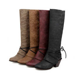 大码女靴34-43冬季新款粗跟马丁靴英伦高筒靴子后绑带中筒骑士靴