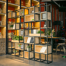 美式工業風實木格子書架落地隔斷書櫃屏風創意時尚展示架置物書架