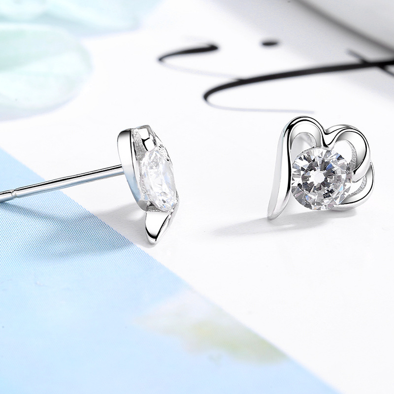 925 Sterling Silver Material 1 Pair 925 Sterling Silver Zircon Heart Shape Ear Studs