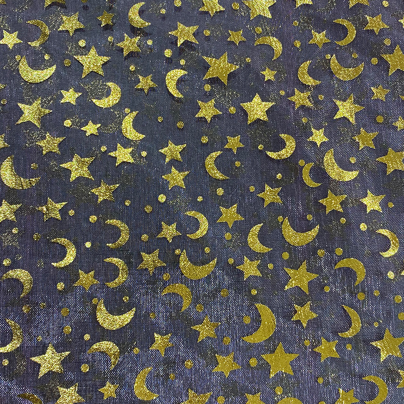 Fabricante suministro de ergena estrellas de la luna estampado tela de red de embalaje de boda bolsa tela de vestido