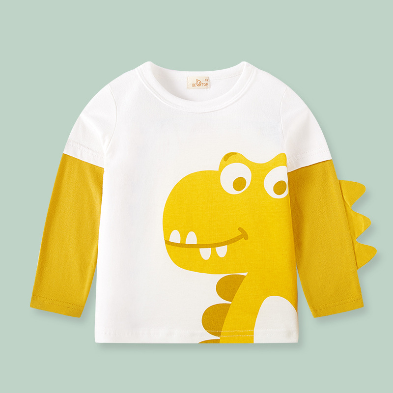 Serás las mejores ventas directas de fábrica de ropa para niños Nueva camisa de fondo para niños dinosaurio tridimensional de manga larga Camiseta entrega de una sola pieza