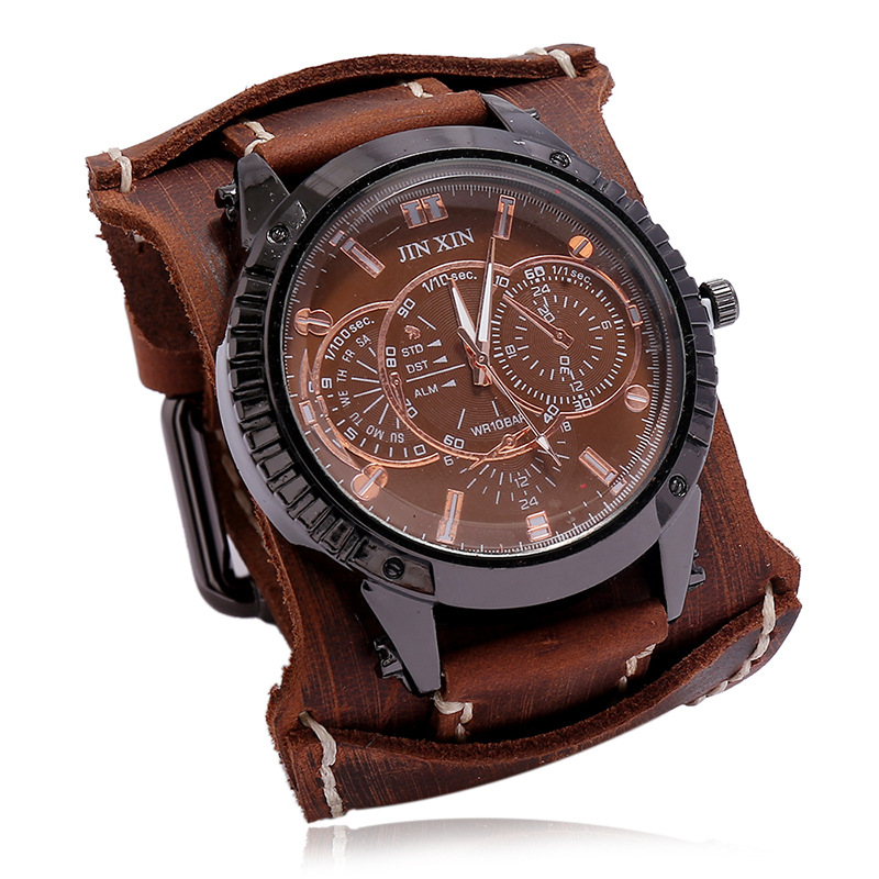 Factory direct supply retro old men's leather watches personality European and American punk wide leather bracelet cross-border jewelry wholesale