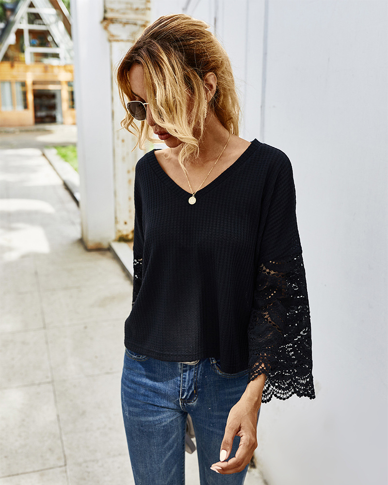 autumn stitching lace long-sleeved T-shirt wholesale NSKA292