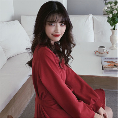 秋季新款女裝寬松高腰交叉V領長袖綁帶連衣裙純色顯瘦A字短褲裙女