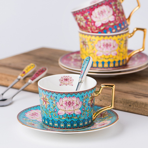New Chinese-style court imperial porcelain enameled coffee cup and saucer with lotus pattern, bone china coffee mug, flower tea cup and saucer