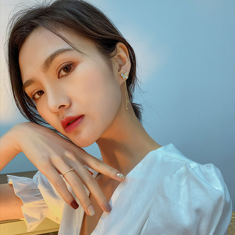 Koreanische Mode Neue Retro Mori Schmetterling Silber Nadel Ohrringe Lange Kette Quaste Ohrringe Weibliche Ohrringe display picture 2