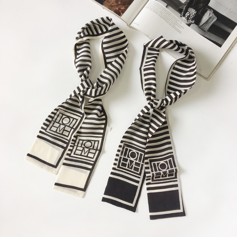 Silk scarf Strip Black and white Versatile stripe Scarf summer decorate Retro Real silk ins Thin collar